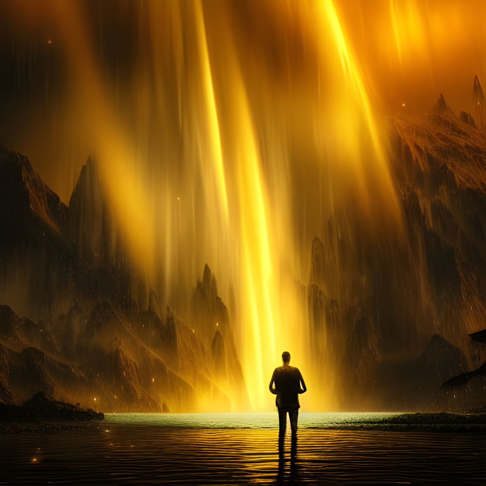Golden Rain Illuminates Man in Expansive Landscape