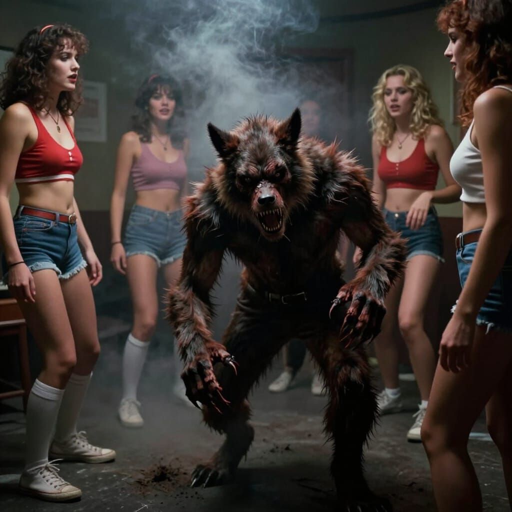 Werewolf Transformation in 80s Dark Fantasy VHS Style