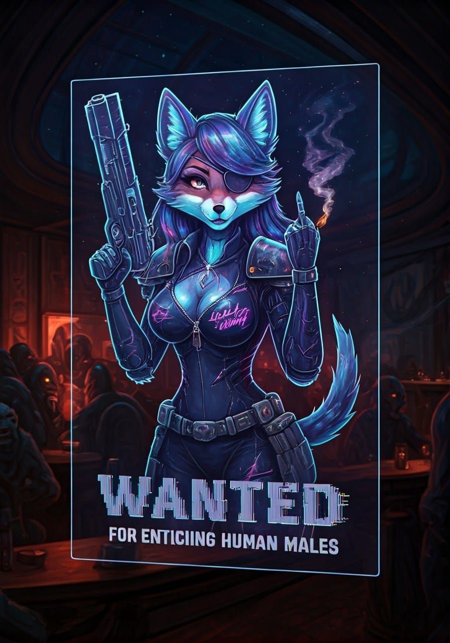 Holographic Wanted Poster: Sci-Fi Cyborg Fox in Anime Style