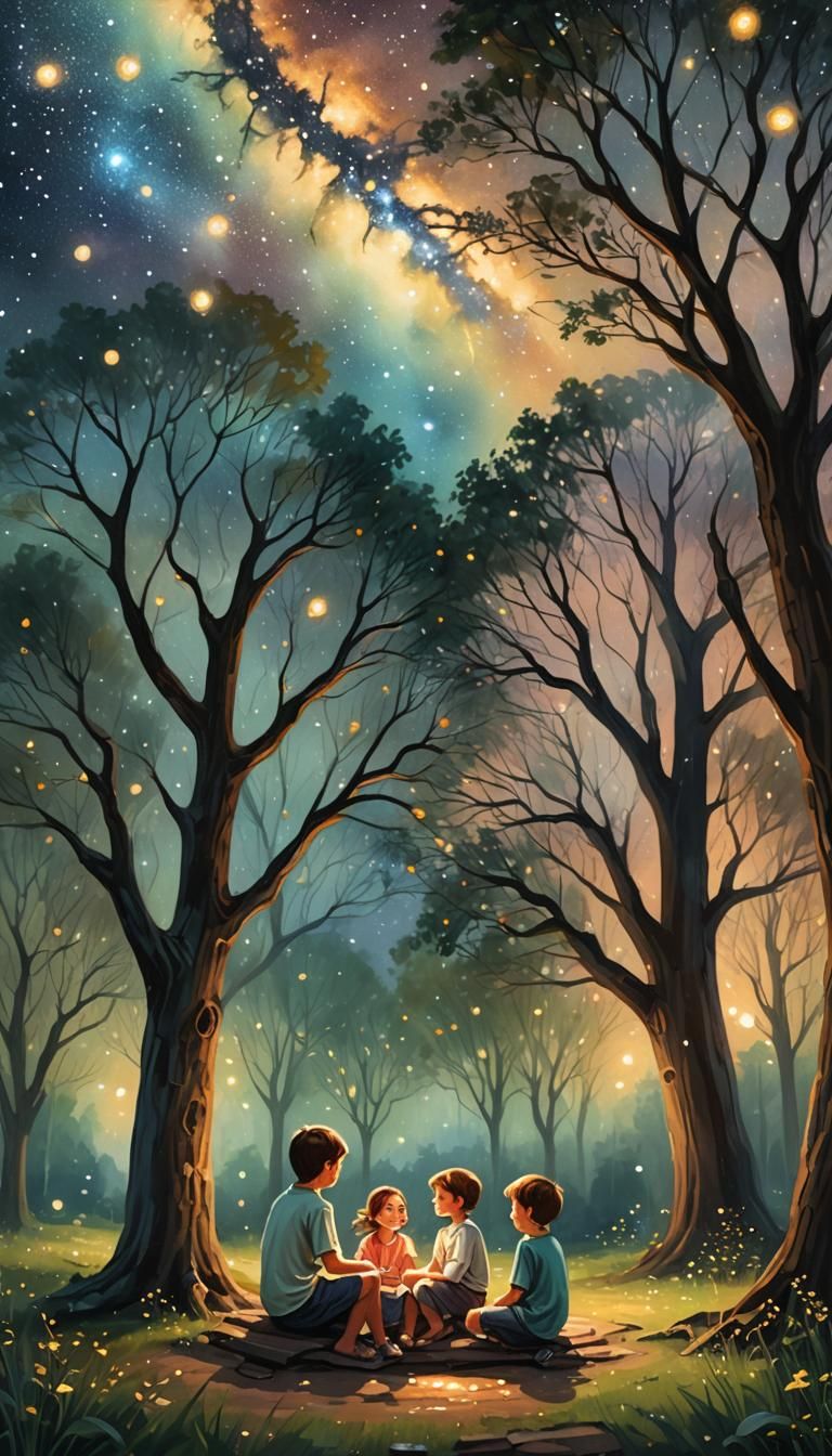 Children Gaze at Milky Way in Dreamlike Oil Painting