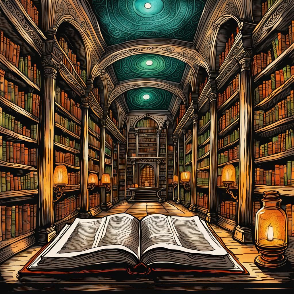 Magical Ancient Library with Vivid Alcohol Ink Colors
