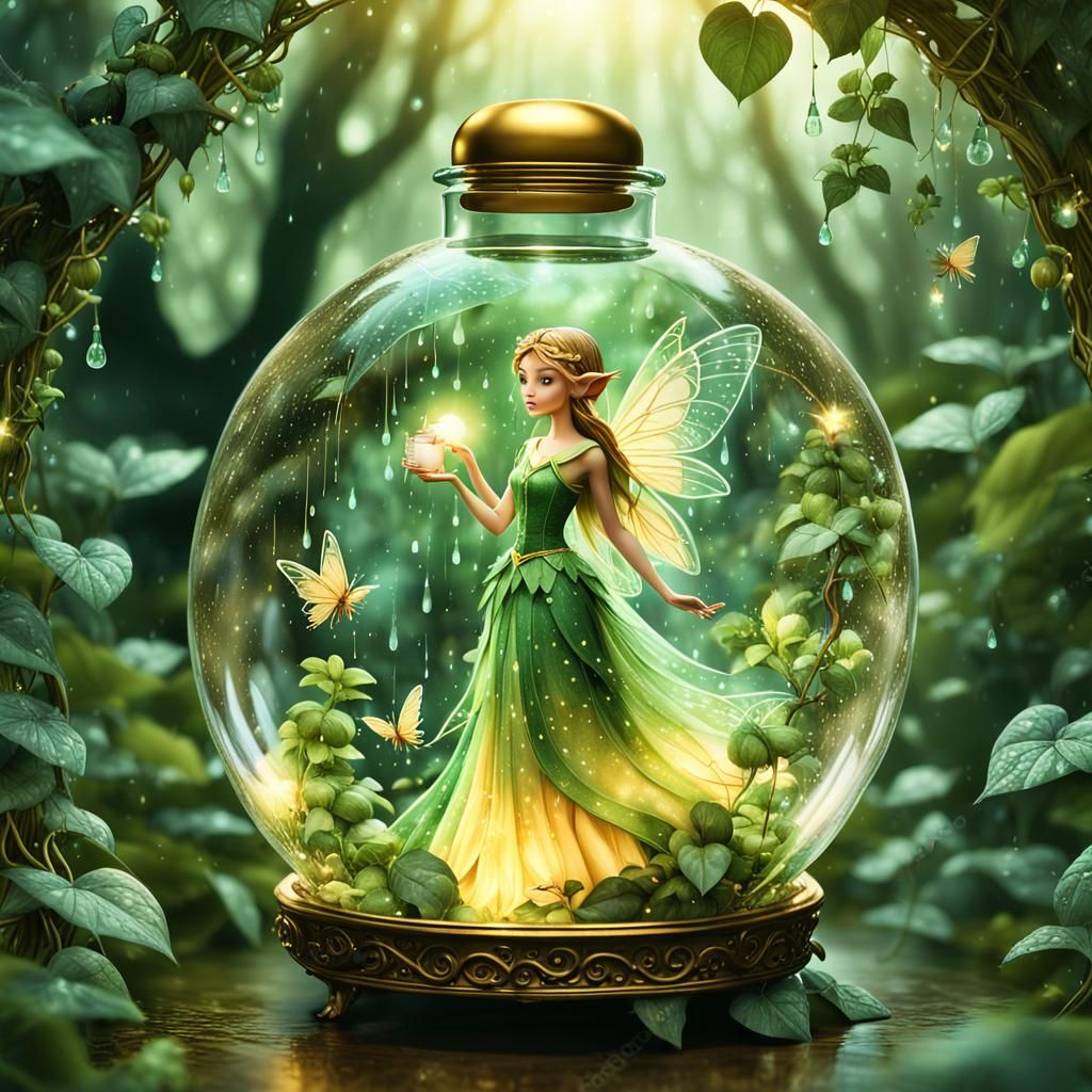 Elf Fairy in Rainforest Bottle: Surreal Illustration