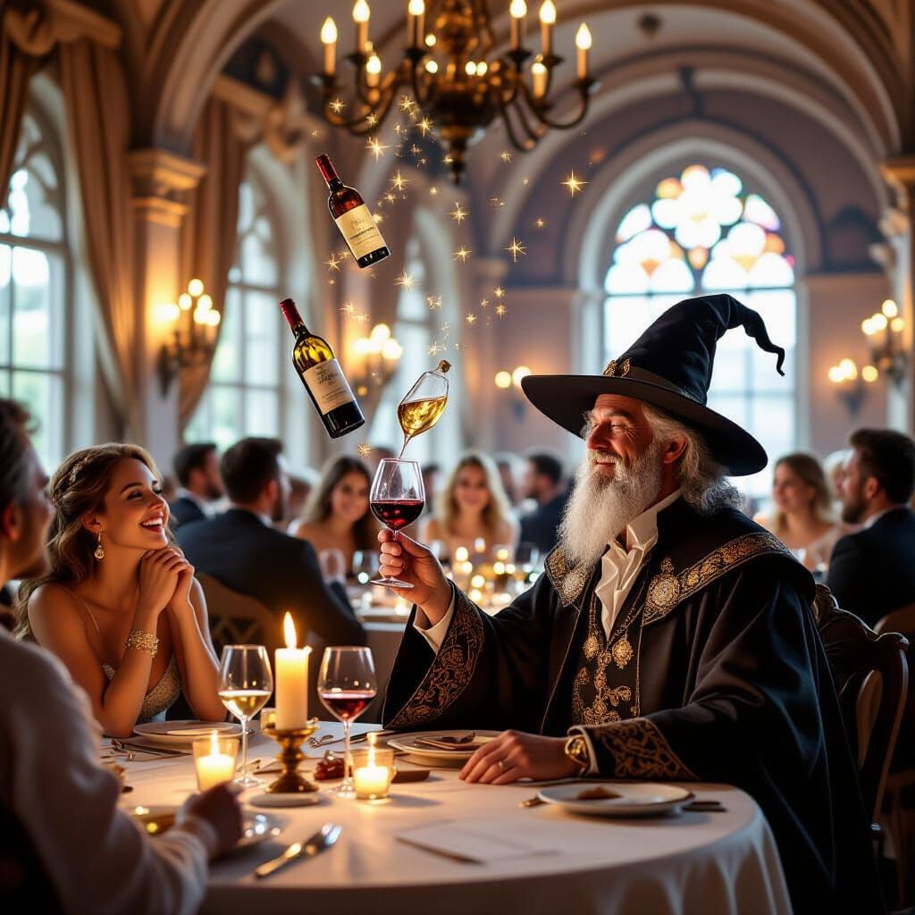 Sorcerer Sips Enchanted Wine in Candlelit Hall