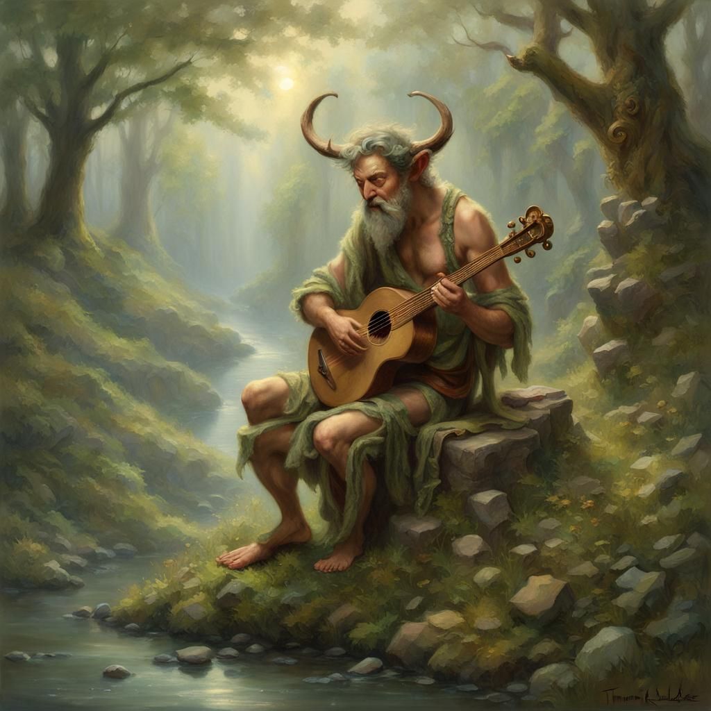 Playful Satyr Druid Playing Lyre in Ethereal Fantasy Style
