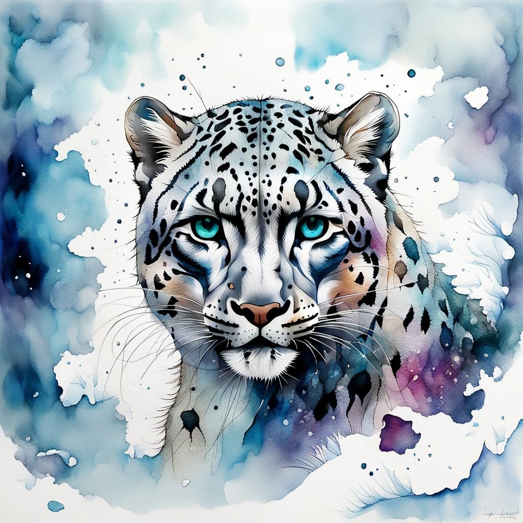 Snow Leopard Hunting in Watercolor and Ink