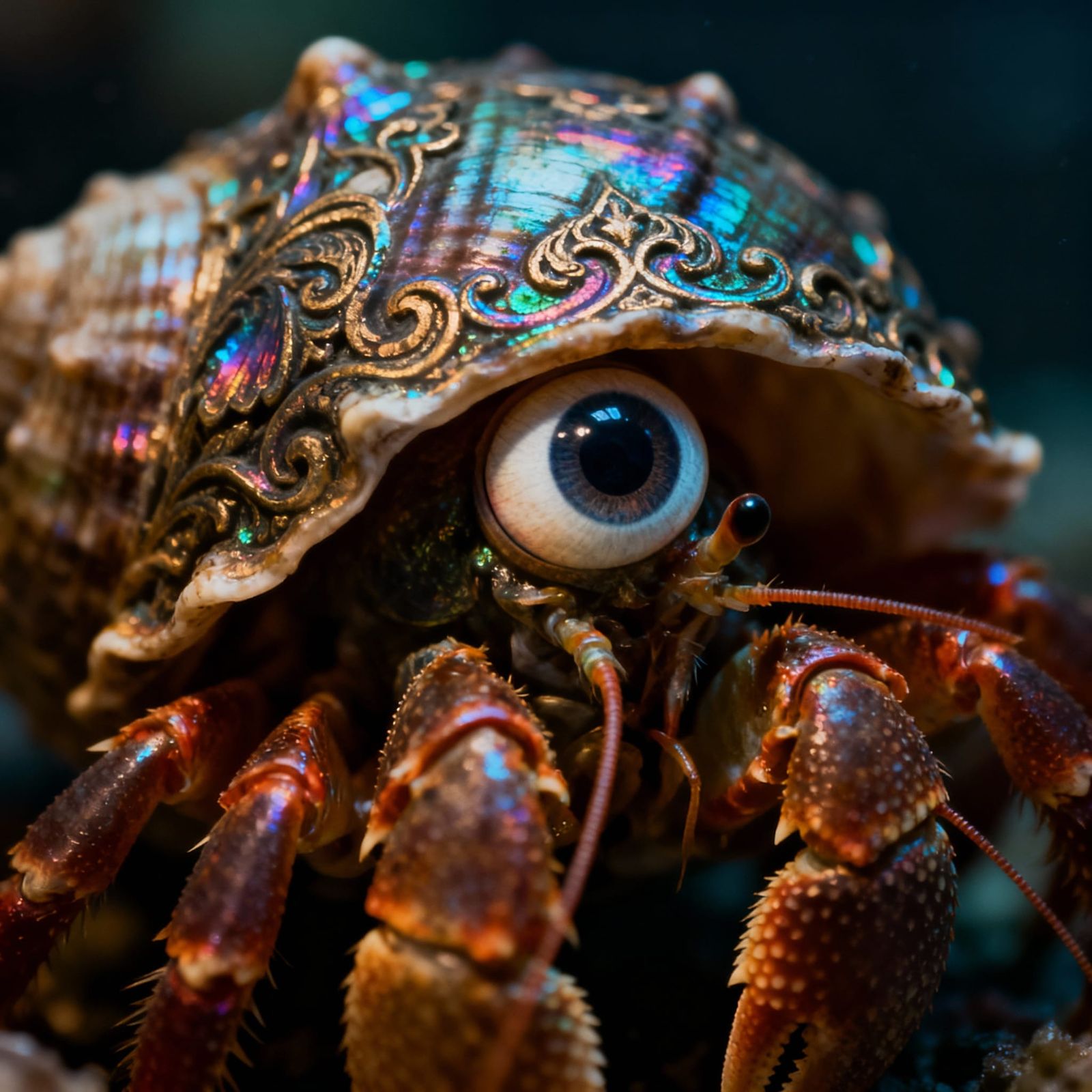 Hermit Crab's Eye Peeking from Ornate Shell