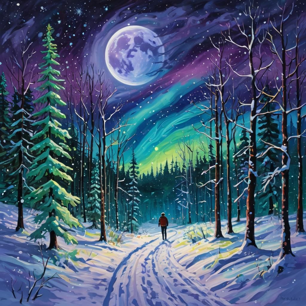 Snowy Forest Path Under Aurora, in Neo-Expressionist Style