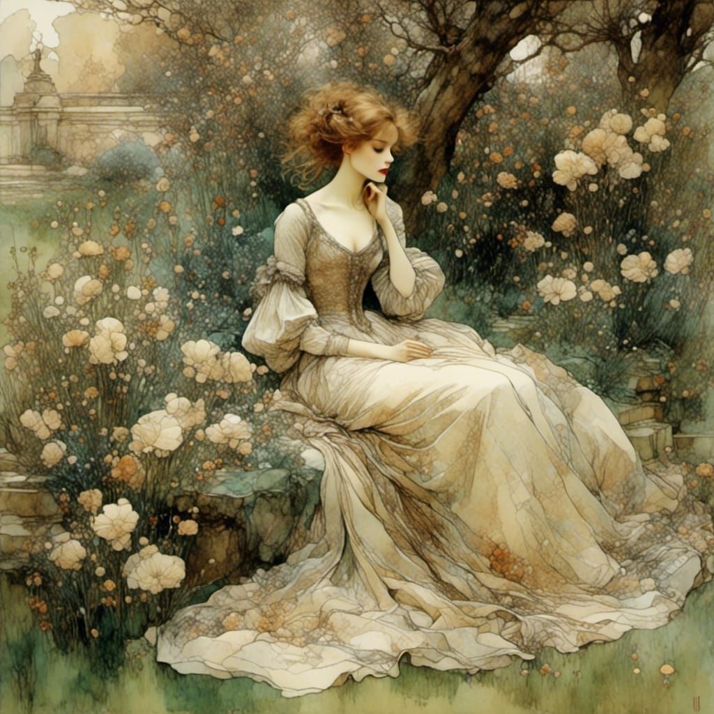 Elegant Woman in Garden, Storybook Illustration