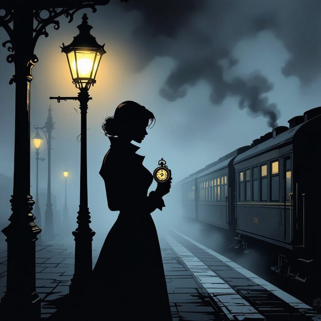 Femme Fatale on Foggy Platform in Noir Comic Style