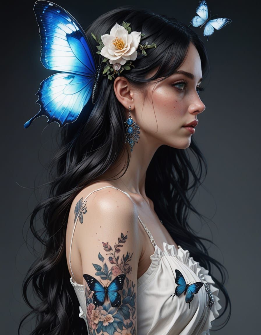 Hyperreal Woman with Tattoos in Ethereal Lighting