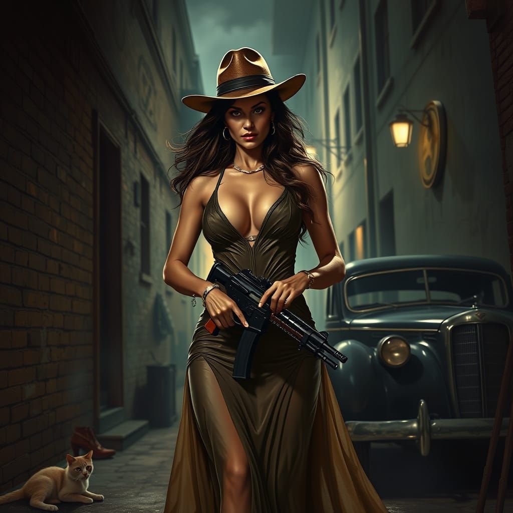 Female Al Capone in Dim Alley with Cat and Cat