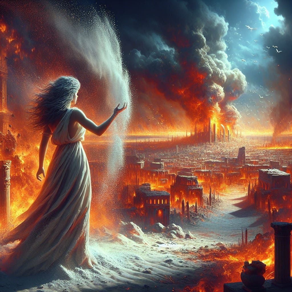 Woman Turns to Salt in Burning Cityscape