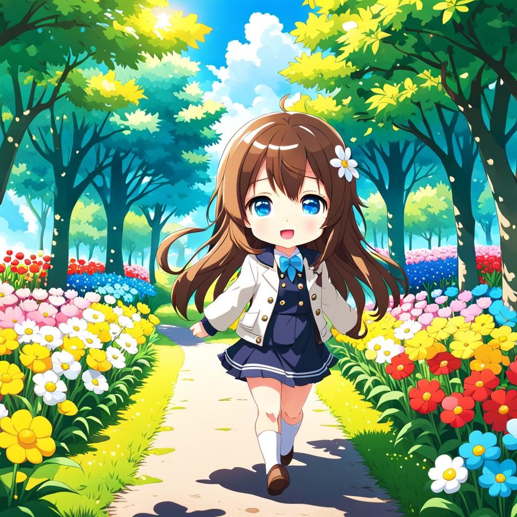 Chibi Girl in Sunny Flower Park: Anime Art
