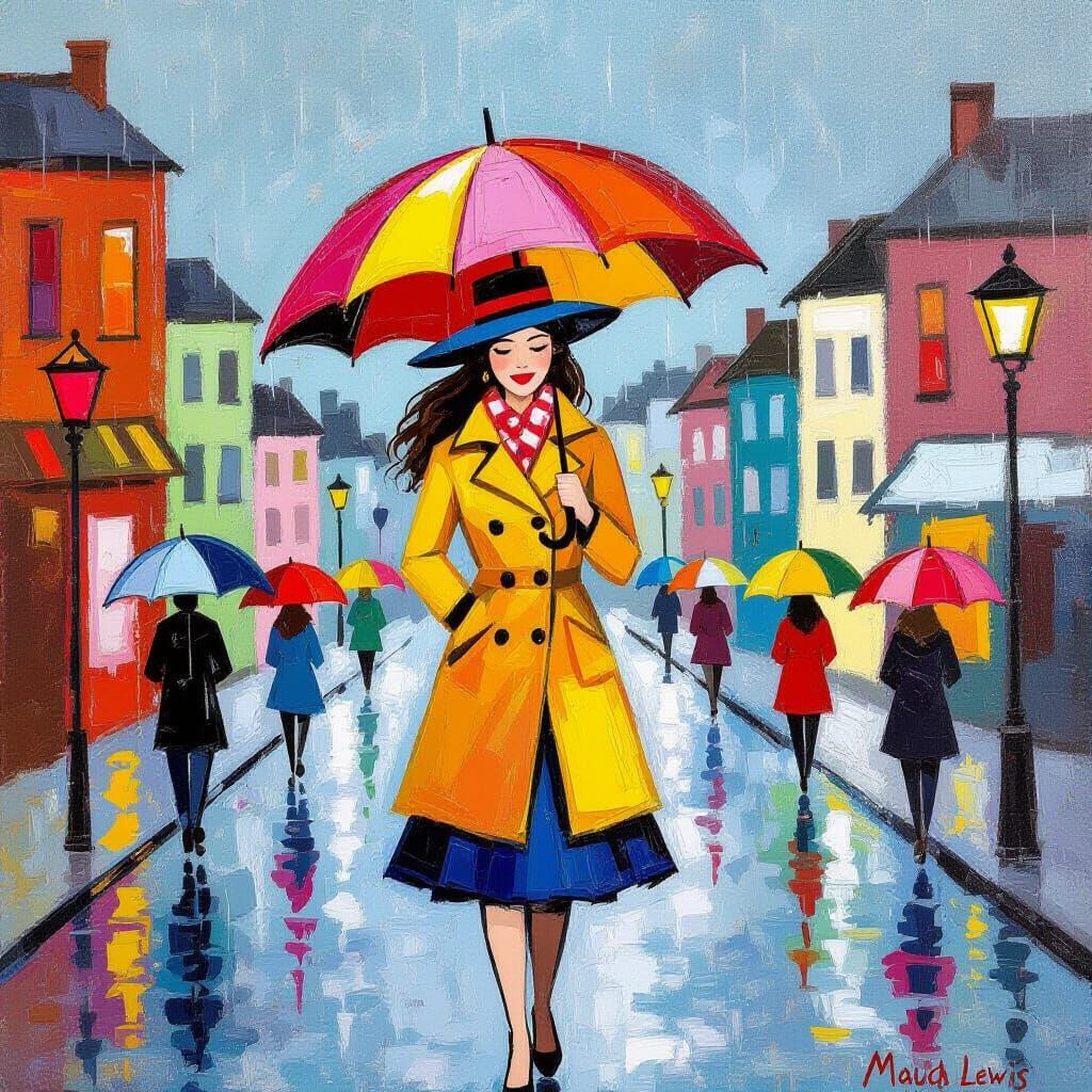 Woman in Rainy City, Naive Art Style