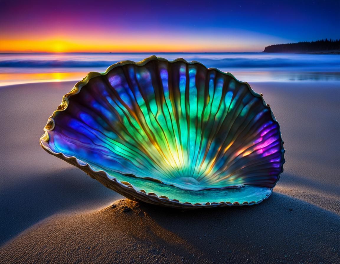 Real life fantasy seascape of an Iridescent abalone shell on...