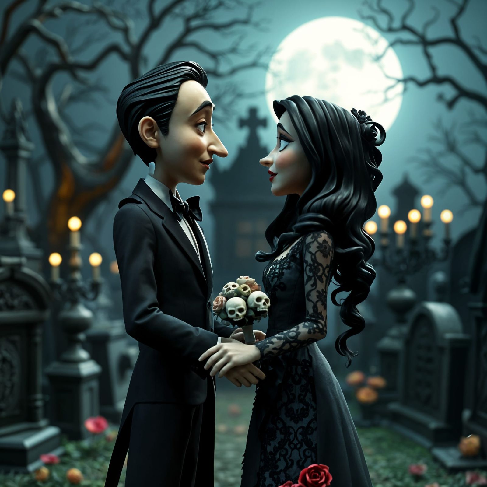 Gothic Addams Family Wedding in a Moonlit Graveyard