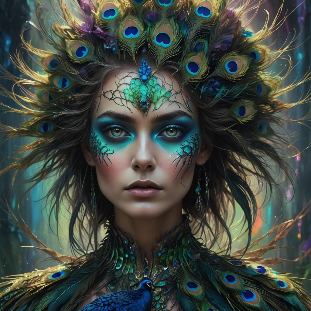 Surreal Woman with Peacock Feathers: Digital Portrait