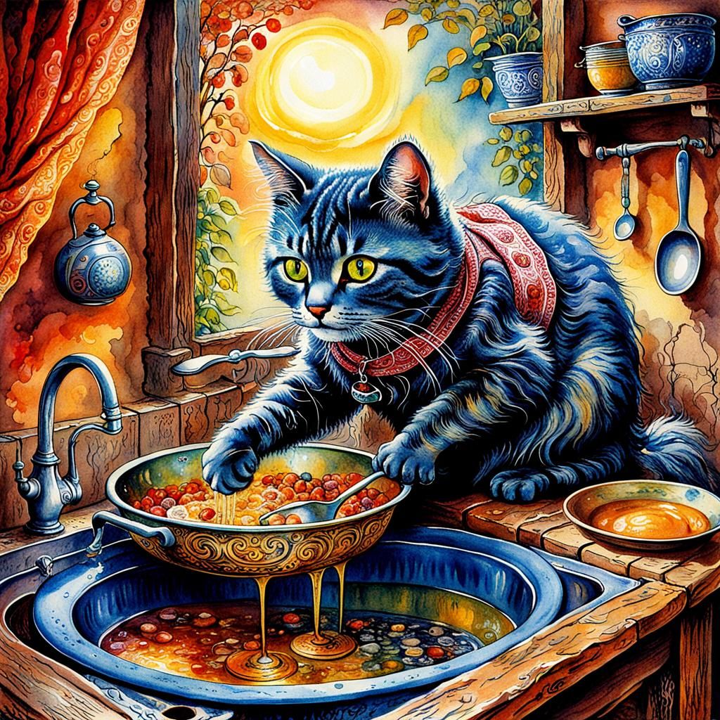 Cat Washing Dishes in Watercolor Style