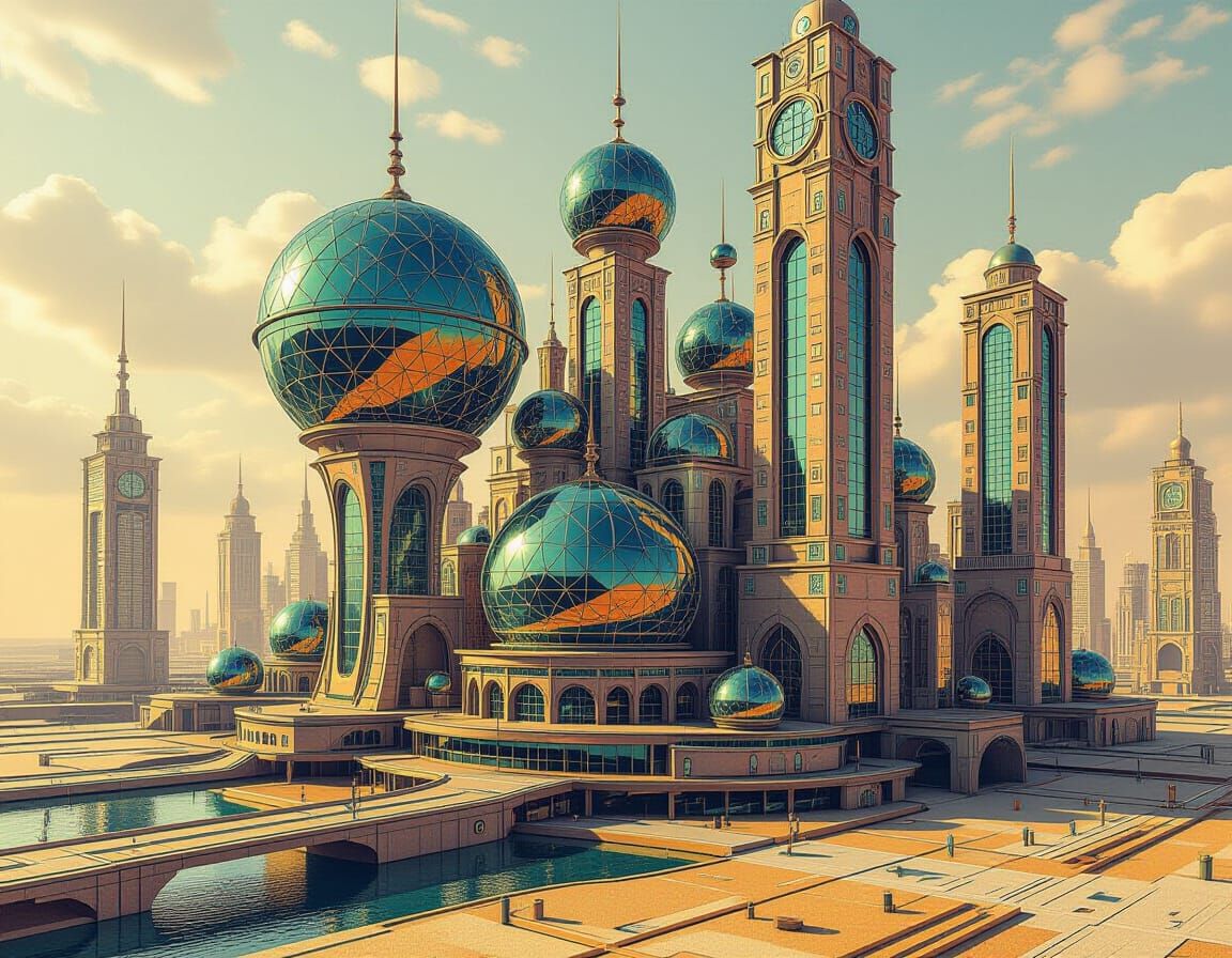 Fractal Retrofuturism Cityscape with Spirograph Details