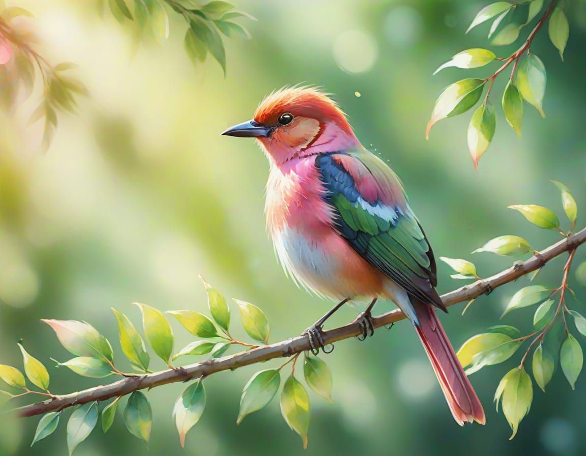 Vibrant Pink Bird Perched on Lush Green Branch in Watercolor...