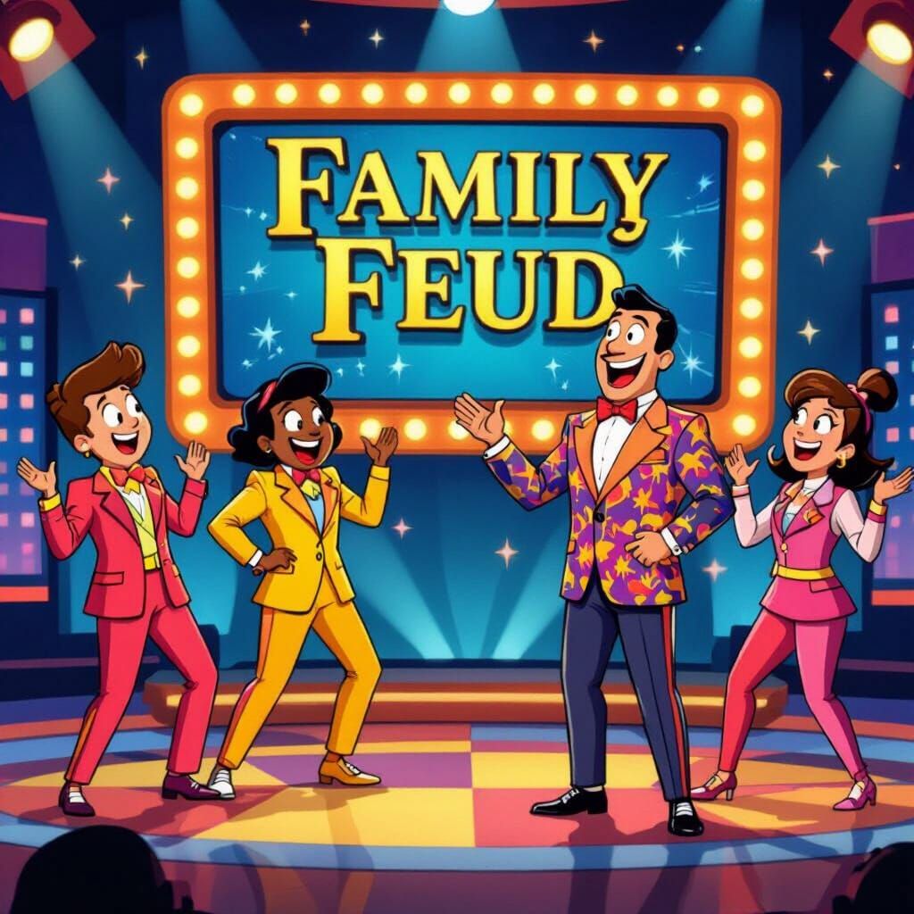 Lively Cartoon Game Show Set with Excited Contestants