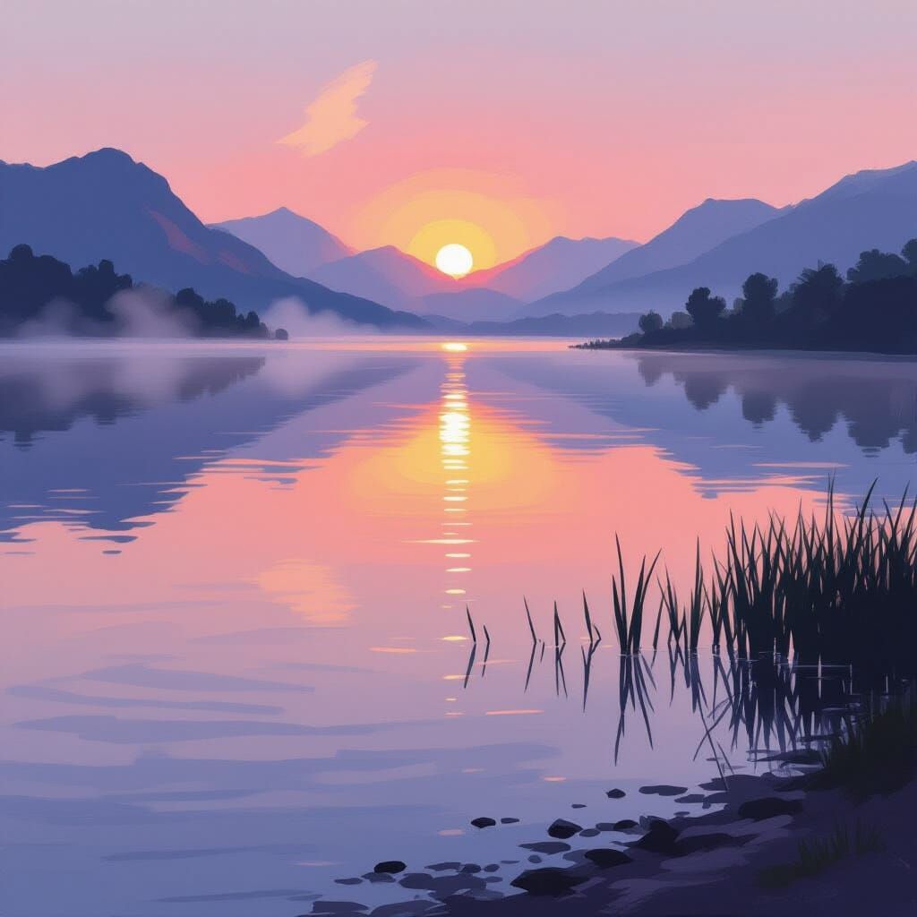 Serene Sunrise Lake with Misty Mountains