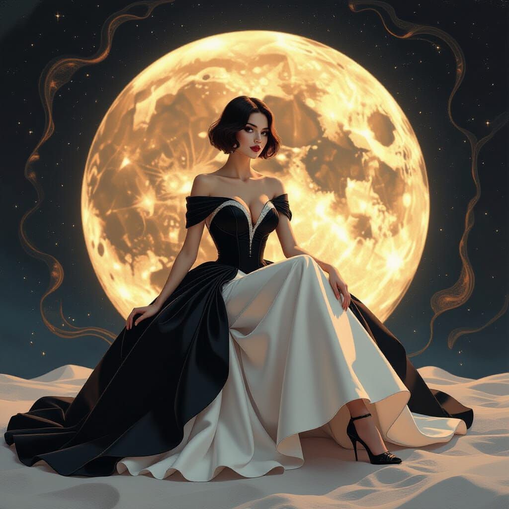 Woman on Moon in Neo-Impressionist Oil Painting Style