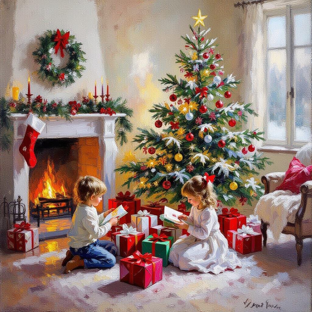 Children Unwrapping Gifts in Cozy Christmas Room