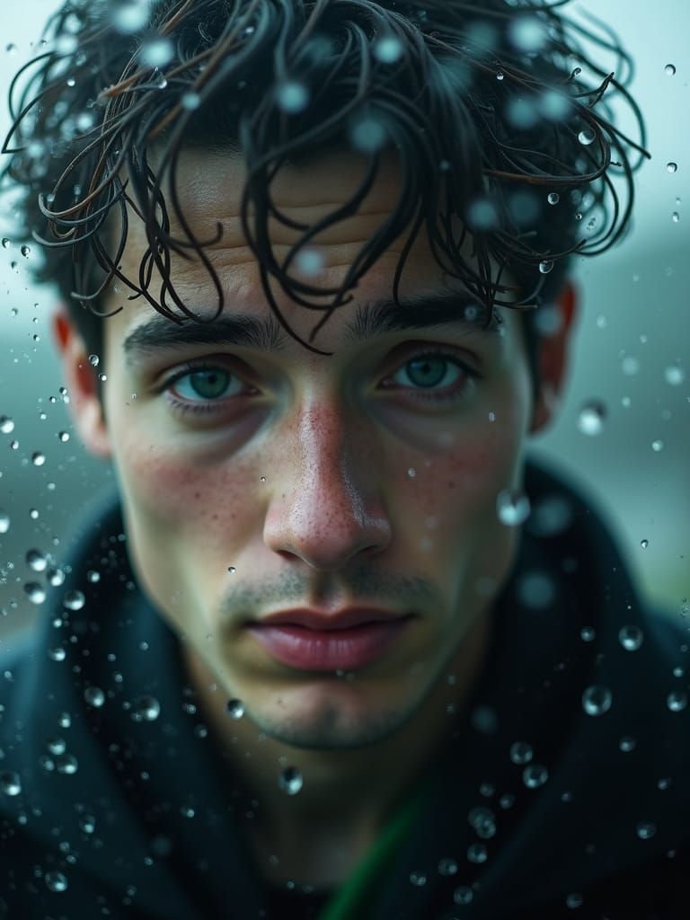 Crying Man Behind Wet Glass: Macro Photography