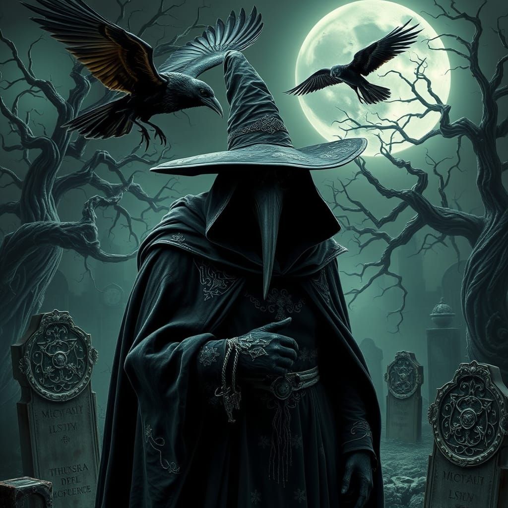 Necromancer Plague Doctor in Graveyard, Hyperrealistic Scene