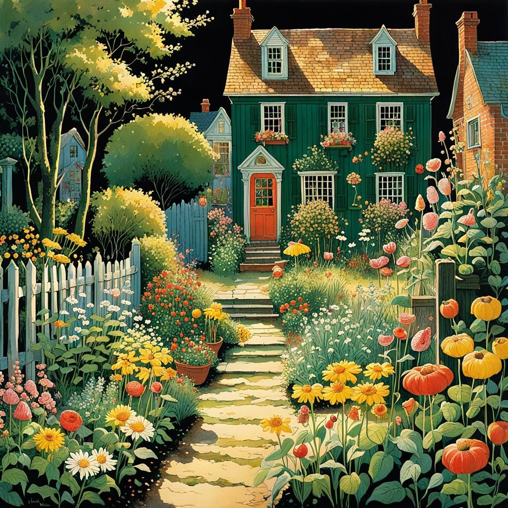 Sunlit Garden Illustration in a Detailed Style