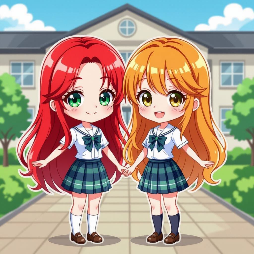 Cute Chibi Anime Girls in Japanese School Uniforms