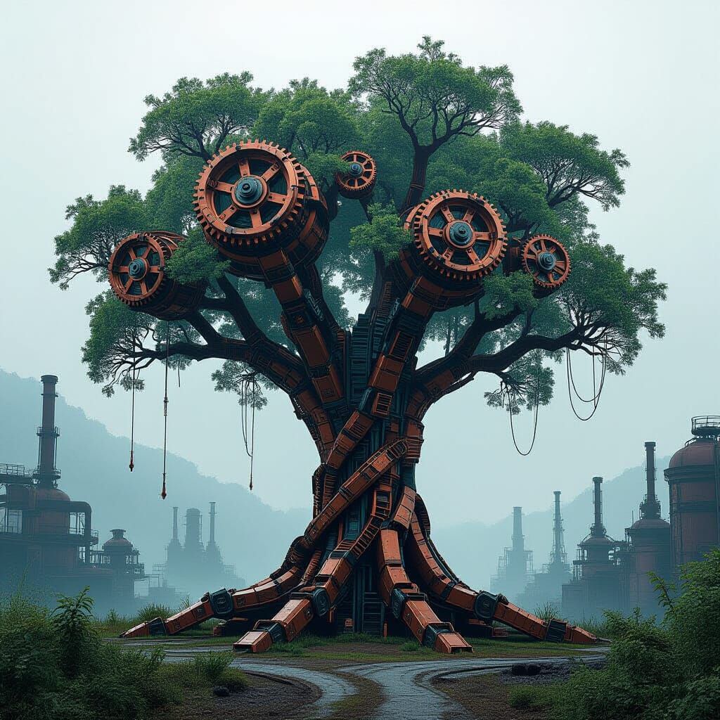 Intricate Robotic Tree in Cyberpunk Style