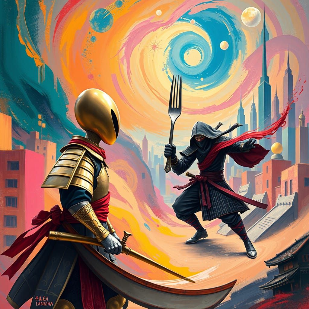 Fauvist Samurai Spoon Battles Ninja Fork in Vibrant, Surreal...