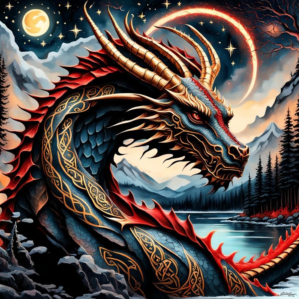 Bioluminescent Dragon with Celtic Runes in Watercolor