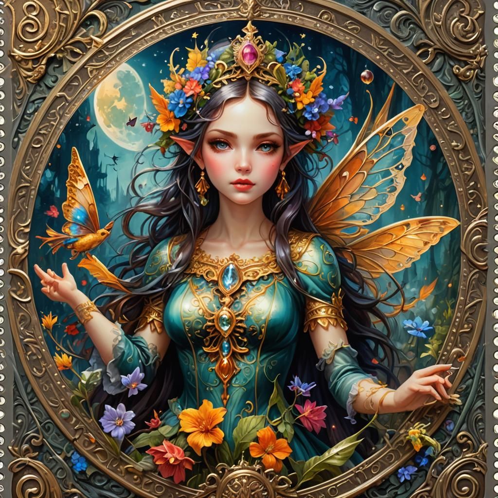 Fantastical Fairy in Postage Stamp Style