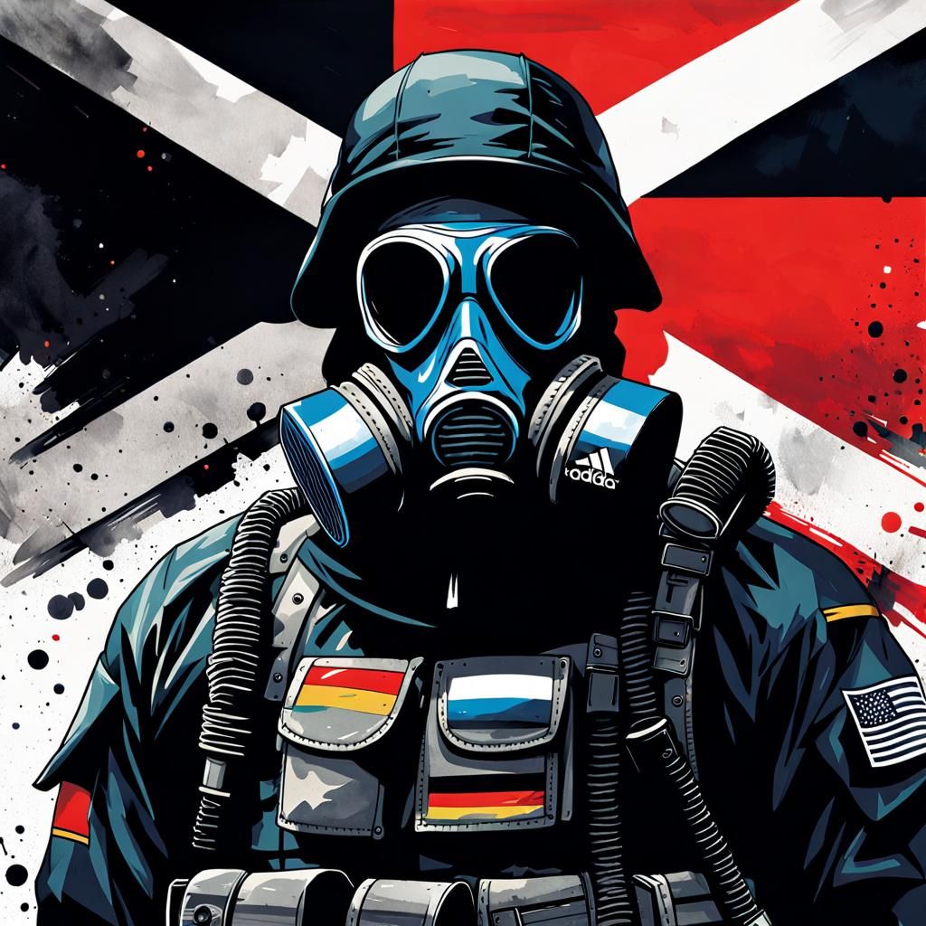 Soldier in Adidas Tracksuit with Gas Mask, Watercolor