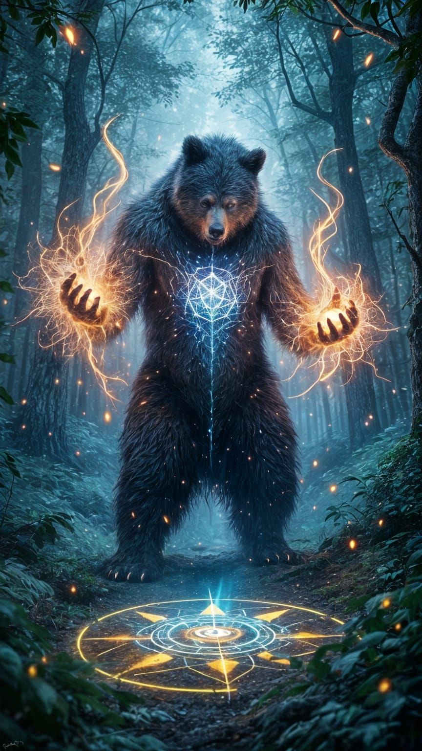 Werebear Casting Spell in Forest Digital Illustration