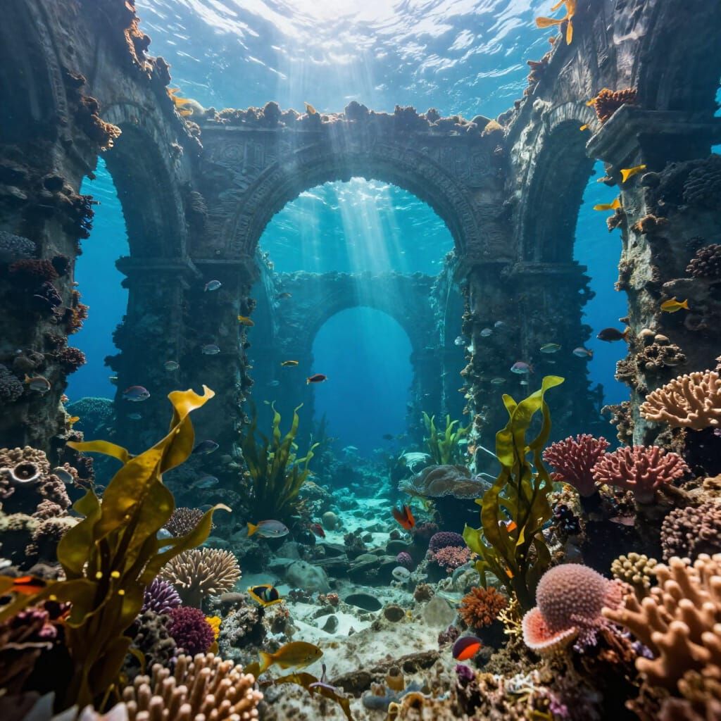 Underwater Ancient City Ruins with Coral and Fish