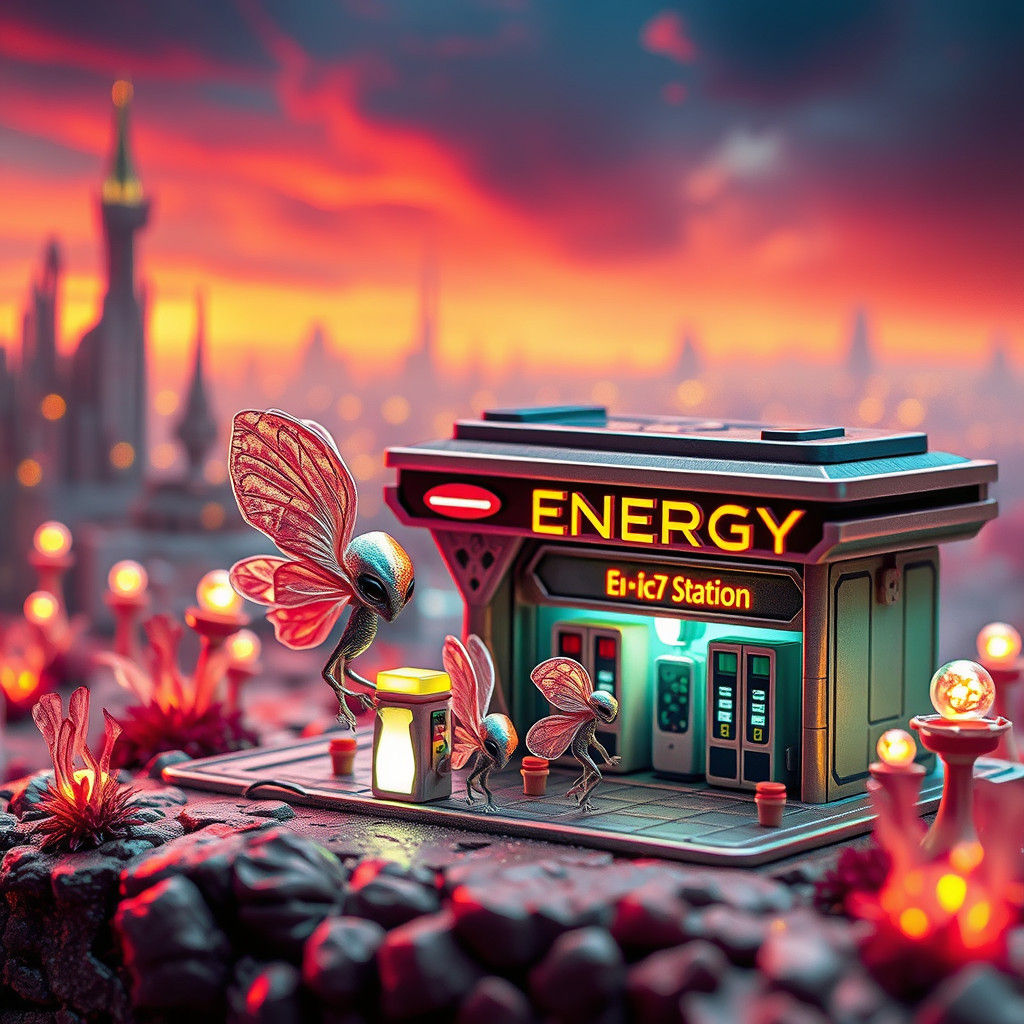 Iridescent Aliens Fueling Up at Micro Gas Station