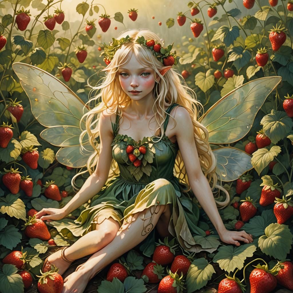 Blonde Fairy in Strawberry Field, Whimsical Fantasy Art