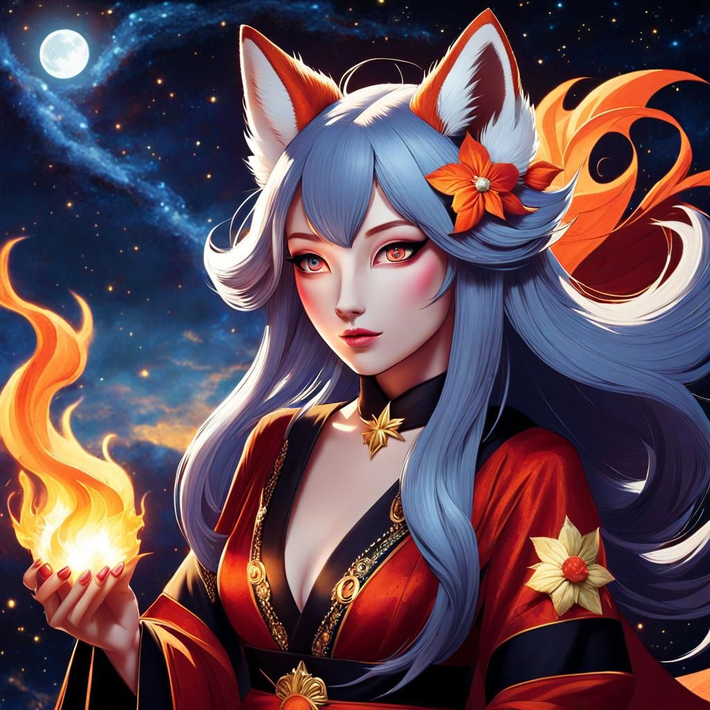<lora:Dusk3:1.0> <lora:Macabre:1.0> an adorable kitsune Woman, flame fox, pokemon, dark starry night, gorgeous eyes...
