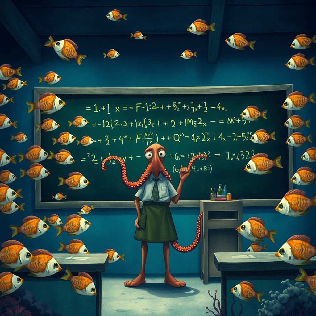 Octopus Teacher in Underwater Classroom, Animated Style