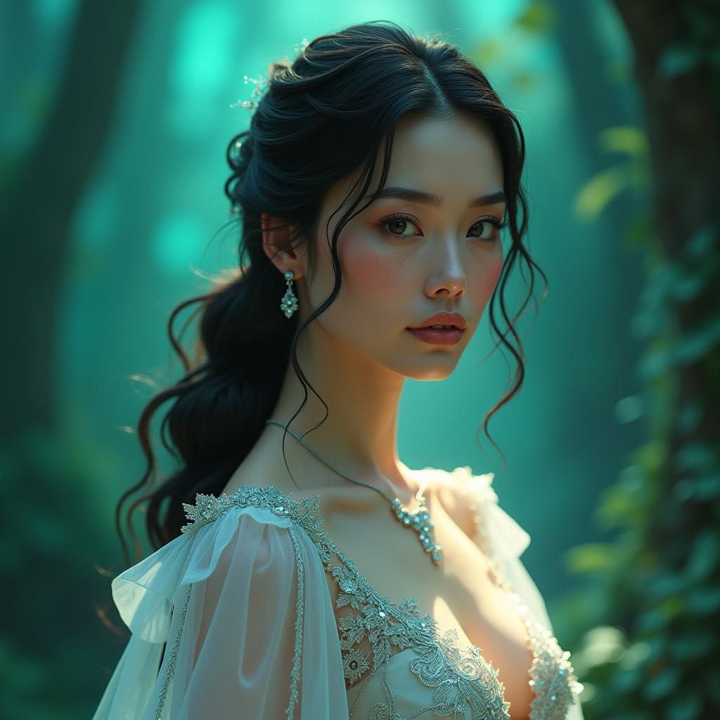 Elegant Woman Radiating Confidence in Fantasy Setting