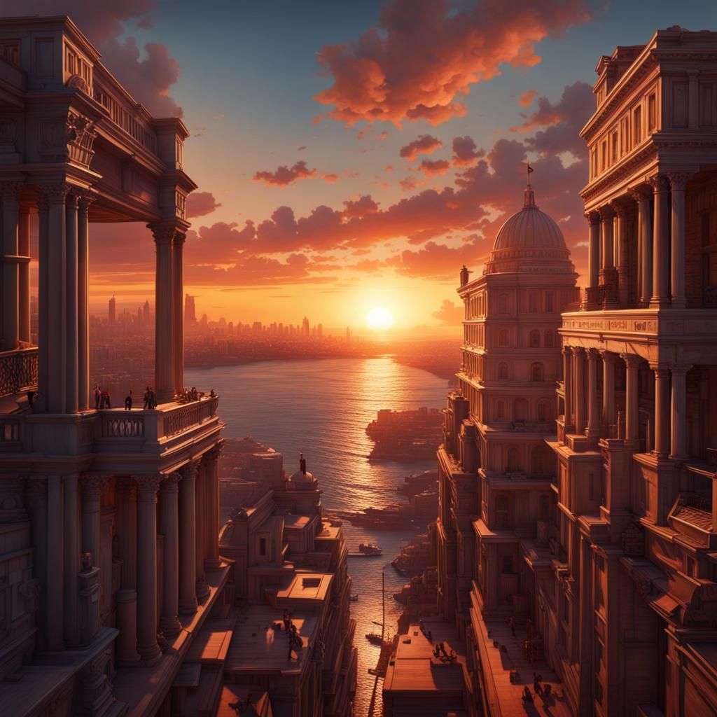 Alexandria Sunset: Detailed Matte Painting in Deep Color