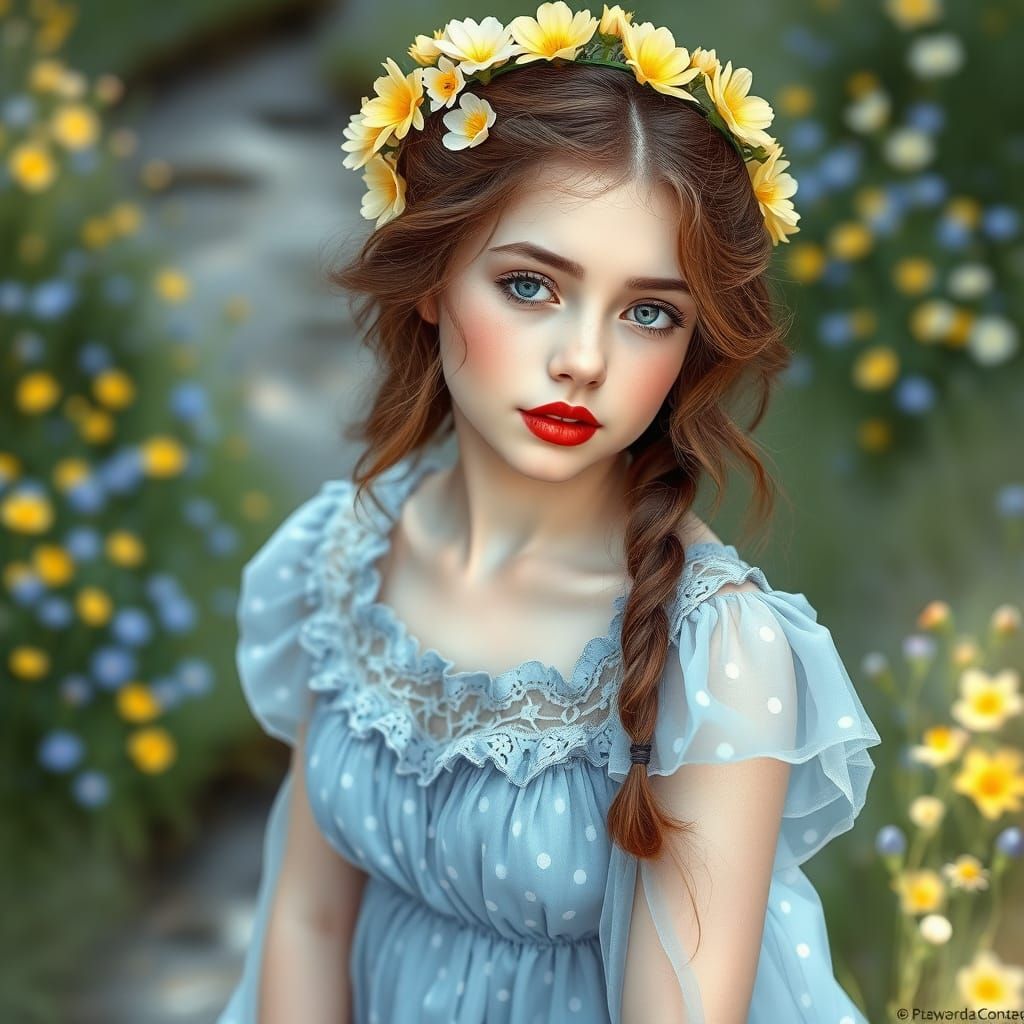 An ethereal young woman with porcelain skin and vivid red li...