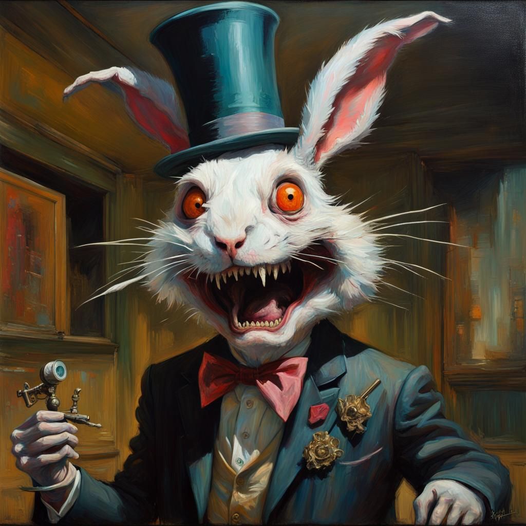 Rabid Rabbit Monster Emerges: Oil Painting