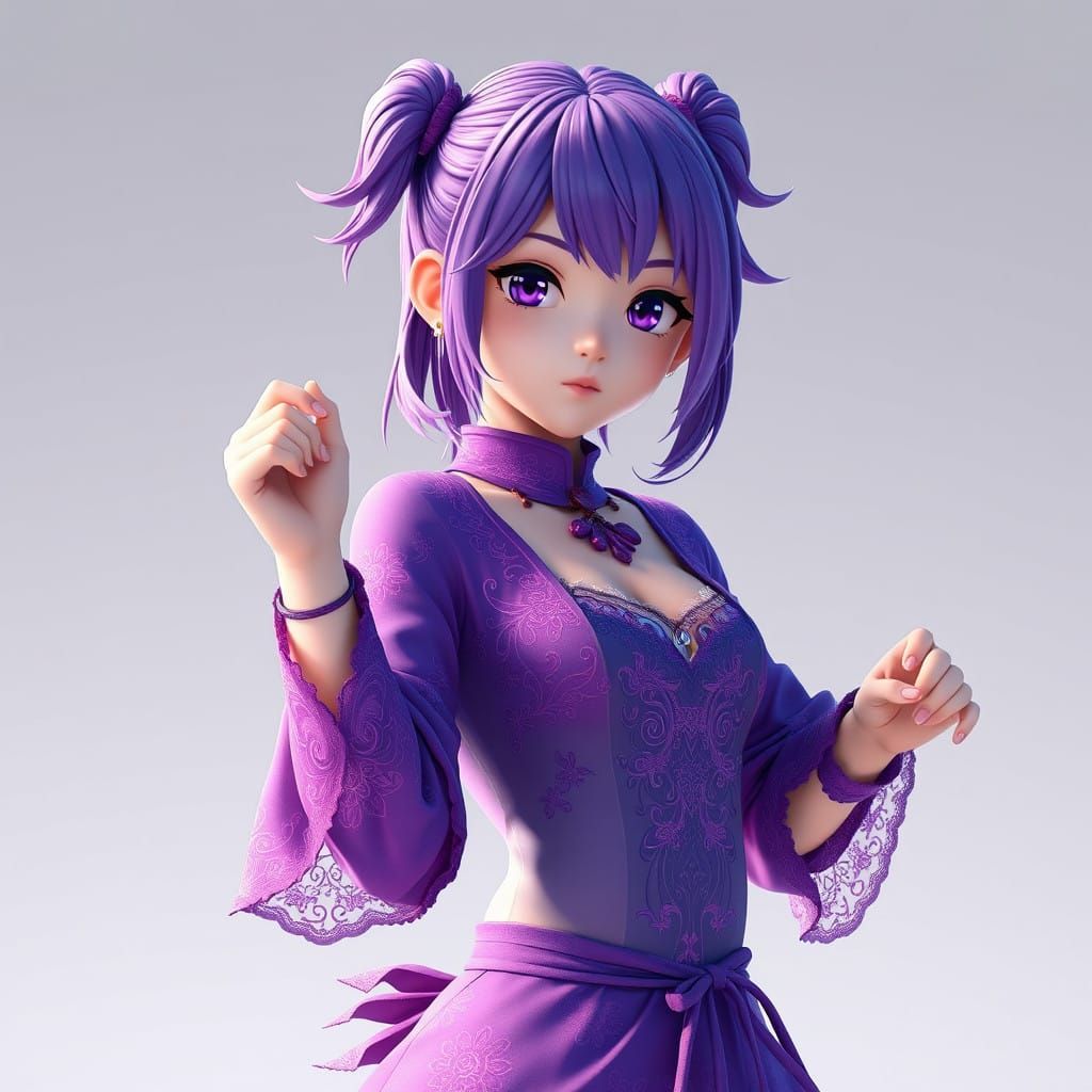 Glamorous Anime Girl Posing in a Vibrant Purple Outfit