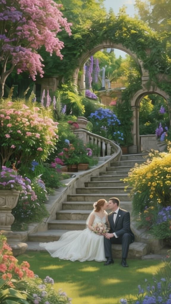 Couple sitting on the steps of amazing garden