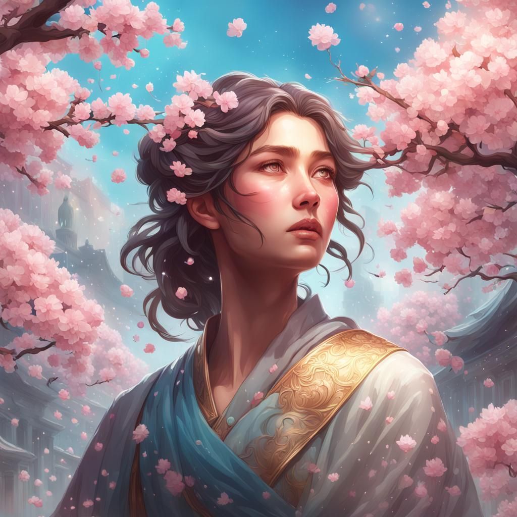 Cherry Blossom Portrait in Art Nouveau Style